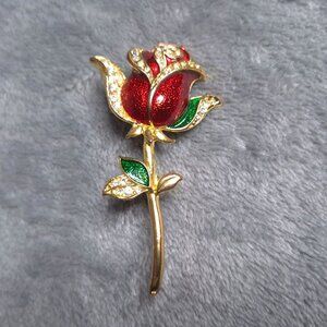 Vintage Red & Gold Rose Brooch Pin Rhinestones Enamel Finish Costume Jewelry